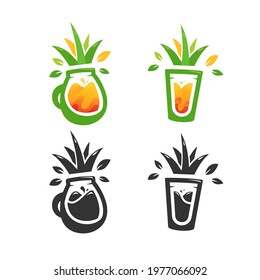 Fresh ananas pineapple juice logo set template with fruit glass shape icon