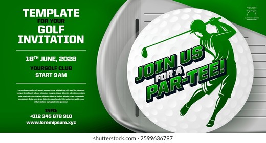 Fresh and appealing golf invitation template designed for summer event, featuring elegant graphics and classy format to attract golf enthusiasts to join game. Vector illustration.