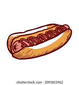 Fresh appetizing hot dog with sausage, bun, ketchup and mustard vector engraved illustration. Fast unhealthy traditional American culture food snack lunch or dinner isolated. Grill meal for take away