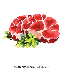 Fresh Appetizing Meat Pork Beef Steaks Chop Meat, A Piece Of Meat Cuts Vector Watercolor Hand Drawn Illustration Food Isolated On White Background