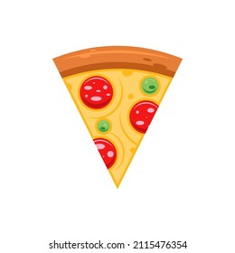 Fresh appetizing pizza triangle slice top view vector flat illustration. Tasty delicious fast food snack with vegetables, cheese and sausage on dough. Homemade eat or cafe restaurant menu delivery