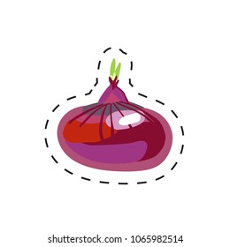 Fresh appetizing vegetable for cafe, restaurant or shop element. Violet bow. Vector illustration of vegetable sticker