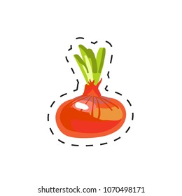 Fresh appetizing vegetable for cafe, restaurant or shop element. Onions with green sprouts. Vector illustration of vegetable sticker