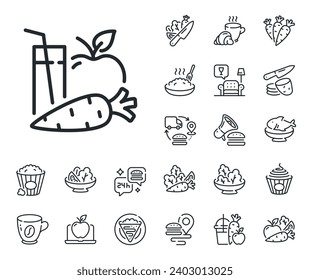 Fresh apple and carrot drink sign. Crepe, sweet popcorn and salad outline icons. Juice line icon. Fruit beverage symbol. Juice line sign. Pasta spaghetti, fresh juice icon. Supply chain. Vector