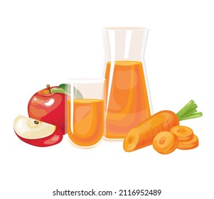 Fresh apple and carrot juice in glass, red apples and piece of carrot. Realistic transparent tall glass of juice, vector illustration on white background