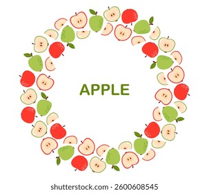 Fresh apple circle frame. Round seasonal fruit border. Collection of organic vitamins and healthy nutrition. Flat Vector illustration on white background
