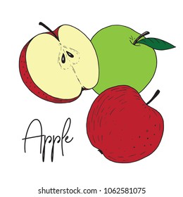 
Fresh apple fruit isolated image with text, hand drawn sketch on white background, organic healthy food doodle vector illustration, for packaging, kids book, children alphabet, product label.