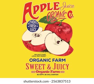 Fresh apple fruit print. Nature fruit print design. Organic food artwork for for t-shirt. Fruit vintage t-shirt design. Sweet and juicy apple fruit artwork.