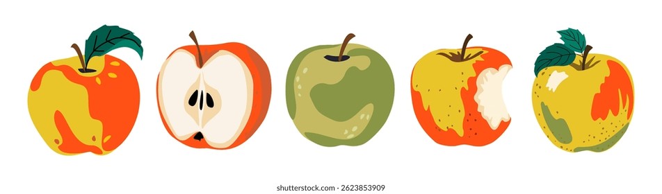 Fresh apple fruit set. Yellow, red and green apple, whole, cut, bite fruits collection. Healthy sweet vitamin summer food icons. Natural eating. Flat vector illustration isolated on white background