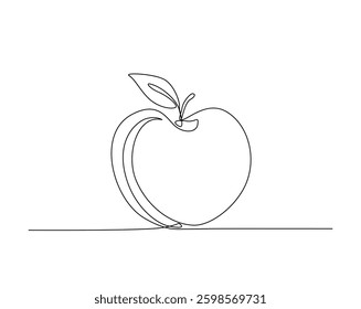 Fresh apple fruit simple outline illustration. Continuous line drawing of apple.