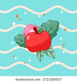 Fresh apple fruit vector illustration design with leaves, blossom pink flower and star ornament in soft pastel colors. Perfect for stickers, kids illustrations, packaging, greeting cards, posters, fresh and healthy food themed.