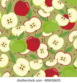 Fresh apple fruits colorful seamless pattern. Full and sliced halves quarters with seeds. Ripe apples on intense green background.