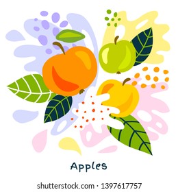 Fresh apple fruits juice splash organic food juicy apples splatter on abstract background vector hand drawn illustrations
