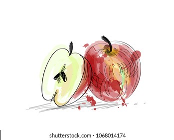 Fresh apple. Hand drawn apples sketch  vector illustration. Isolated painting of apples  on white background. watercolor apple. 