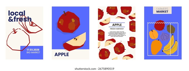 Ilustración de manzana fresca. Carteles simples con frutas orgánicas para la publicidad del mercado de agricultores. Plantillas de Vector con copyspace. Conjunto de alimentos cosechados en estilo minimalista dibujado a mano y plano.