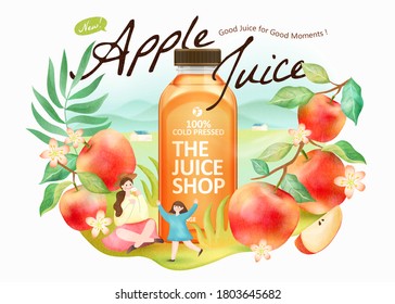 Fresh apple juice ad in 3d illustration, realistic bottle with watercolor fruit and people