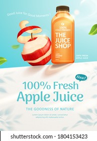 Fresh apple juice ad in 3d illustration, realistic juice bottle set on white wall with peeled apple
