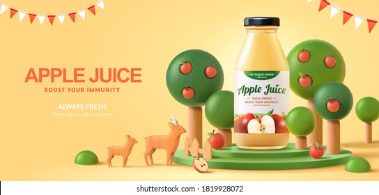 Fresh apple juice ad in 3d illustration, bottle mock-up on organic farm scene podium background