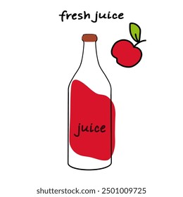 Fresh apple juice in a clear bottle with a red apple illustration nearby