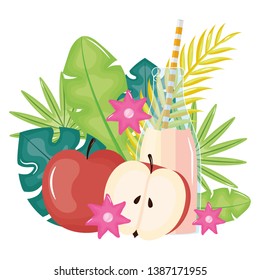 fresh apple juice fruit in botttle with straw in floral decoration