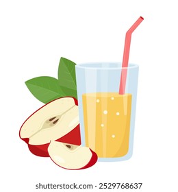 Fresh apple juice in glass. Juice and pieces of apple fruit. Detox fruit cocktail for healthy dieting. Vitamin C smoothie. Vector illustration isolated on white background.