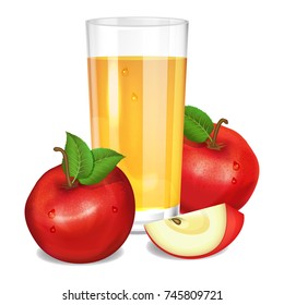 Fresh apple juice in glass, red apples and piece of apple. Realistic transparent tall glass of juice, vector illustration on white background