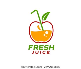 Fresh apple juice icon for fruit drink or smoothie label, vector cup with drinking straw. Natural organic apple juice drink of fresh fruit for vitamin smoothie or bio beverage and apple flavor soda