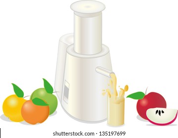 Fresh apple juice with juicer and apples, vector illustration