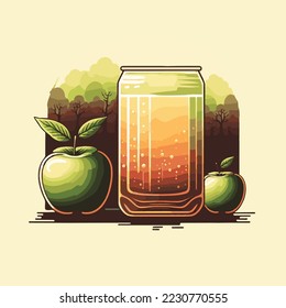Fresh apple juice or soda drink in transparent glass and red apple slice Illustration