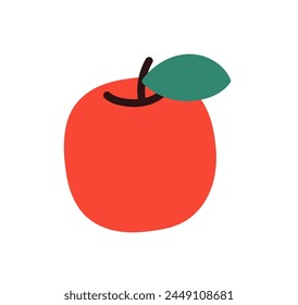 Fresh apple and leaves, natural organic snack, healthy vitamin food, whole ripe fruit with stem, natural ripe eating food, garden fruit flat vector illustration.