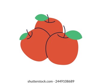 Fresh apple and leaves, natural organic snack, healthy vitamin food, whole ripe fruit with stem, natural ripe eating food, garden fruit flat vector illustration.