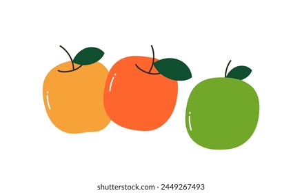 Fresh apple and leaves, natural organic snack, healthy vitamin food, whole ripe fruit with stem, natural ripe eating food, garden fruit flat vector illustration.	
