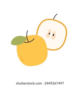 Fresh apple and leaves, natural organic snack, healthy vitamin food, whole ripe fruit with stem, natural ripe eating food, garden fruit flat vector illustration.	
