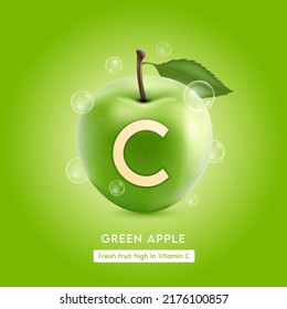 Fresh apple with letter c and bubbles. Fruit rich of high vitamins minerals for health supplement. 3D Realistic on green background. For nutrition products food. Medical healthy concepts. Vector.