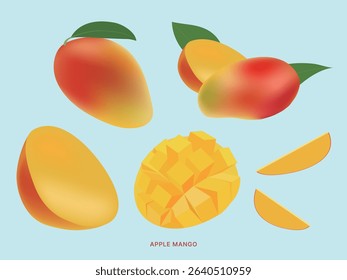 Fresh apple mango illustration set with whole fruit and sliced pieces on blue background