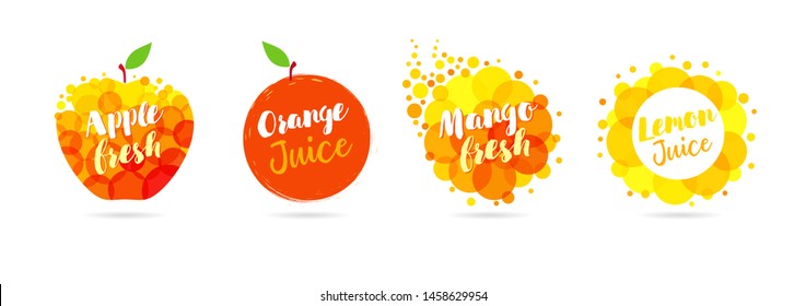 Fresh apple, mango, lemon and orange juice logo set design. Orange, yellow and red splash drops, bubbly labels on white background. Papaya, avocado, lime and soda creative vector illustration 