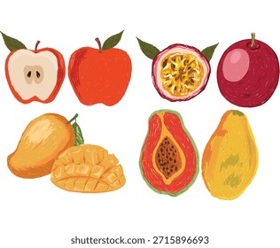 Frischer Apfel, Mango, Passionsfrucht und Papayafruchtkunst. Obst-Artwork für T-Shirt und Poster.
