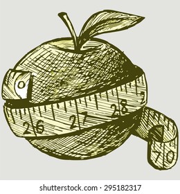 Fresh apple and measure tape. Vector Image