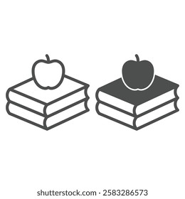 Fresh apple on book stack line and solid icon, reading and food concept. Vector graphics. Textbook with fruit sign on white background, outline style icon for mobile or web design