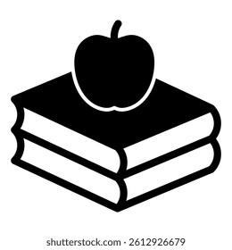 Fresh apple on book stack solid icon, reading and food concept. Vector graphics. Textbook with fruit sign on white background, glyph style mobile or design
