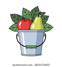 Fresh apple and pear fruits inside a silver metal bucket with colorful, vitamins