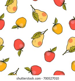 Fresh apple and pear hand drawn vector seamless pattern. Kids background for fabric textile, design greeting cards, wrapping paper, poster, package. Vegan fruits market. Autumn harvest. Tropical style