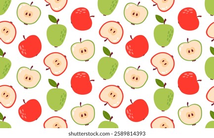 Fresh apple seamless pattern. Fruits and berries background design. Collection of organic vitamins and healthy nutrition. Flat Vector illustration