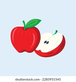 Fresh Apple vector design whole and slices red apple icon with green leaf clipart cartoon illustrations.