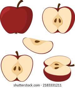 Fresh apple. Whole apple fruits and an apple cut in half. Cartoon style. vector illustration isolated on a white background