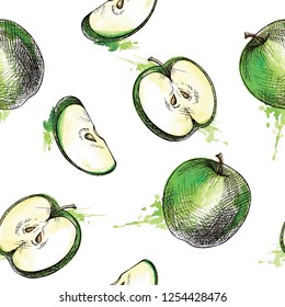 Fresh apples background, hand drawn. Colorful wallpaper vector. Seamless pattern with fresh fruits collection. Decorative illustration, good for printing