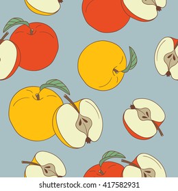 Fresh apples background, hand drawn icons. Colorful wallpaper vector. Seamless pattern with fresh fruits collection. Decorative illustration, good for printing