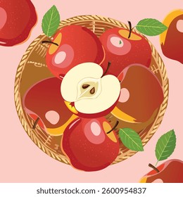 Fresh Apples in Basket Vector Illustration with Rustic Wooden Crate, Healthy Organic Fruit Concept Design