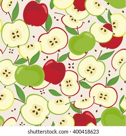Fresh apples colorful seamless pattern. Full and sliced halves quarters with seeds. Red, green fruits on beige background.