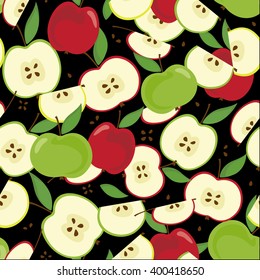 Fresh apples colorful seamless pattern. Full and sliced halves quarters with seeds. Red, green fruits on black background.